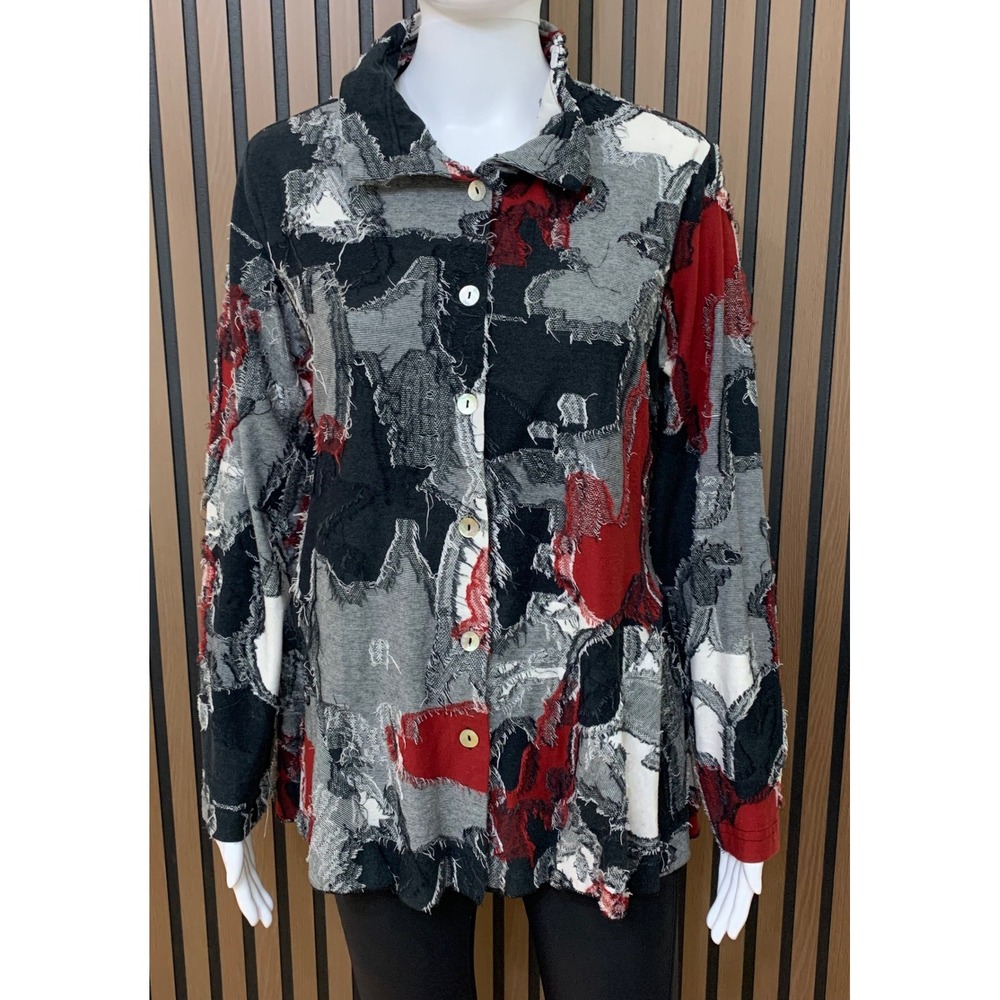 Parsley & Sage Red Black Grey Abstract Patchwork Raw Edge Lagenlook Jacket M